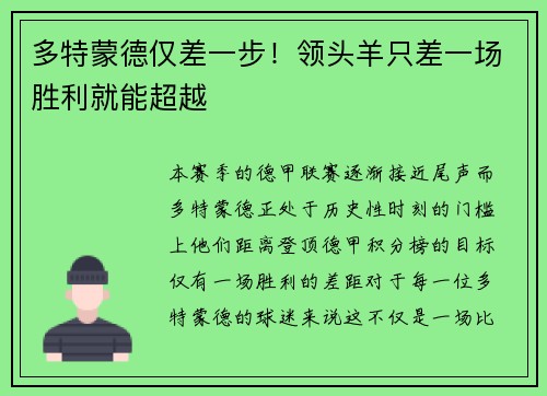 多特蒙德仅差一步！领头羊只差一场胜利就能超越